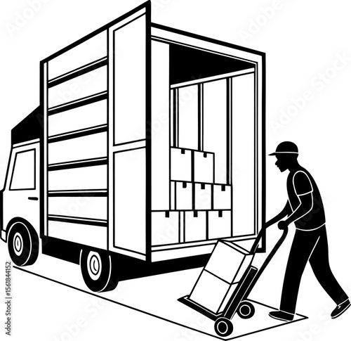 Worker Loading Boxes into Delivery Truck Silhouette vector, A delivery man lifting a cardboard box vector silhouette