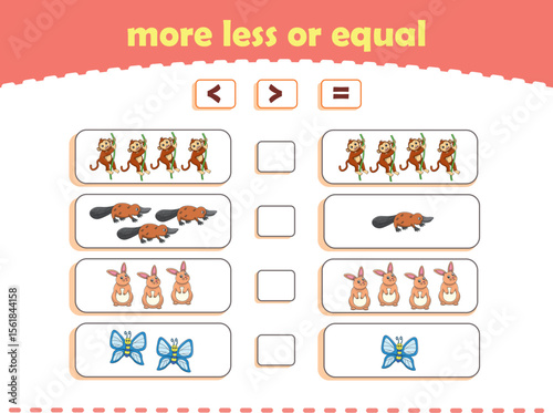 More, less or equal. Count the amount of cute wild animals. Educational math game for kids. Vector Illustration