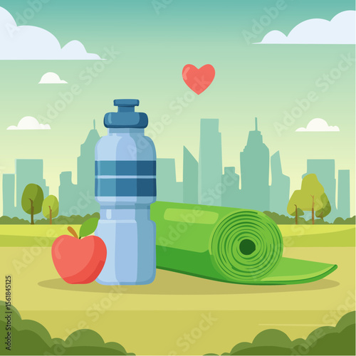 Vector icons of a green apple, dumbbell, yoga mat, water bottle, and heart, modern healthy 