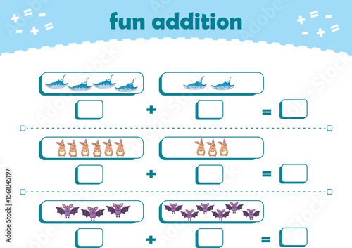 Game for children fun addition by counting cute wild animals pictures printable worksheet vector