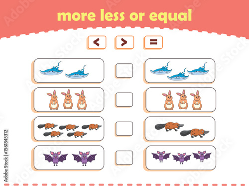 More, less or equal. Count the amount of cute wild animals. Educational math game for kids. Vector Illustration