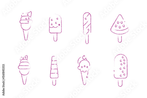 pink icon ice cream doodle hand drawn icon set. Outline drawing ice cream line clipart symbol collection