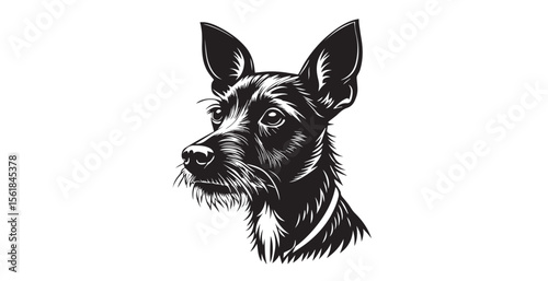 Detailed black and white illustration of a scruffy terrier dog s head silhouette