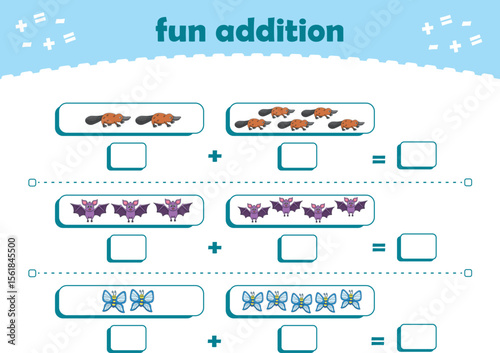 Game for children fun addition by counting cute wild animals pictures printable worksheet vector