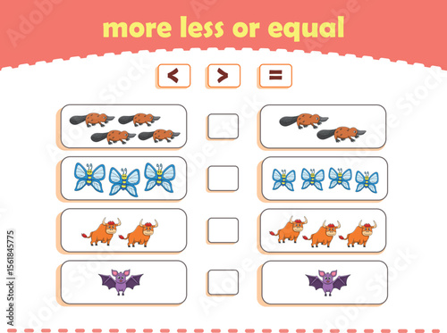 More, less or equal. Count the amount of cute wild animals. Educational math game for kids. Vector Illustration
