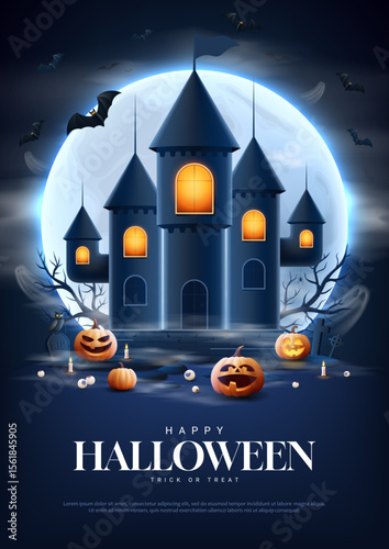 Happy Halloween holiday poster. Vector flyer with smiling pumpkins, flying ghosts and bats, bright moon, candle, pupils, podium. Cute Halloween card for branding, ads, social media, sale.