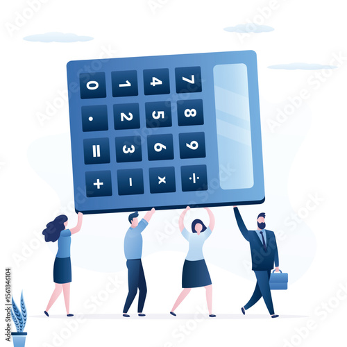 Business team carrying giant calculator. Financial statements analysis, implementing business solutions. Accounting, math calculation. Company finance and tax calculation