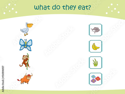 What do they eat matching game for kids with cute wild animals. activity page for kindergarteen and preschool. Vector illustration