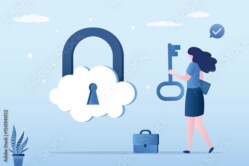 Businesswoman holds key from cloud with padlock. Cloud security system to protect information for remote work, secure technology for safety access online server.