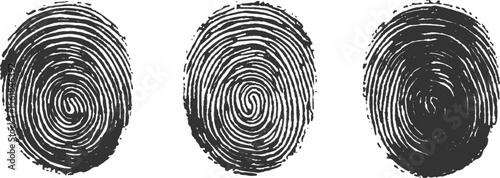 Three fingerprints with unique patterns. isolated transparent background. Set of three black fingerprint scans isolated on transparent background. Digital biometric security and identification concept