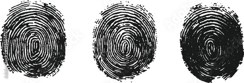 Three fingerprints with unique patterns. isolated transparent background. Set of three black fingerprint scans isolated on transparent background. Digital biometric security and identification concept