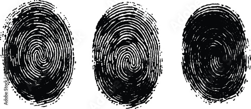 Three fingerprints with unique patterns. isolated transparent background. Set of three black fingerprint scans isolated on transparent background. Digital biometric security and identification concept