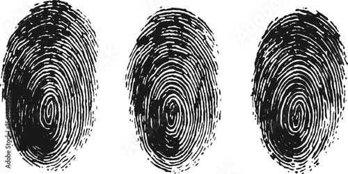 Three fingerprints with unique patterns. isolated transparent background. Set of three black fingerprint scans isolated on transparent background. Digital biometric security and identification concept