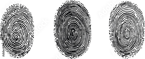 Three fingerprints with unique patterns. isolated transparent background. Set of three black fingerprint scans isolated on transparent background. Digital biometric security and identification concept