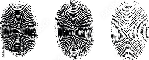 Three fingerprints with unique patterns. isolated transparent background. Set of three black fingerprint scans isolated on transparent background. Digital biometric security and identification concept
