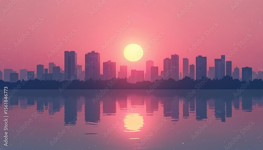 Obraz premium Pink sunset over city skyline reflected in water. Illustration of city buildings, water and large sun in pink, starry sky. Modern design with romantic mood.