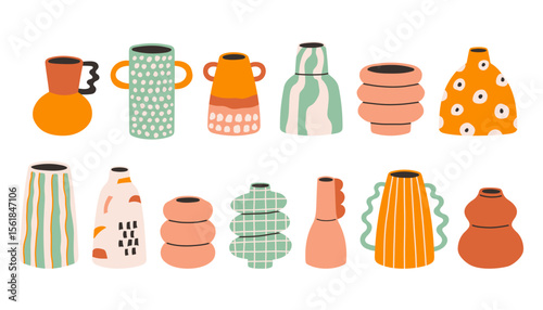 Dopamine vase set. Collection of various geometric vases. Different types of ceramic pottery set in cartoon groovy funky style. Spring, summer elements stickers bundle