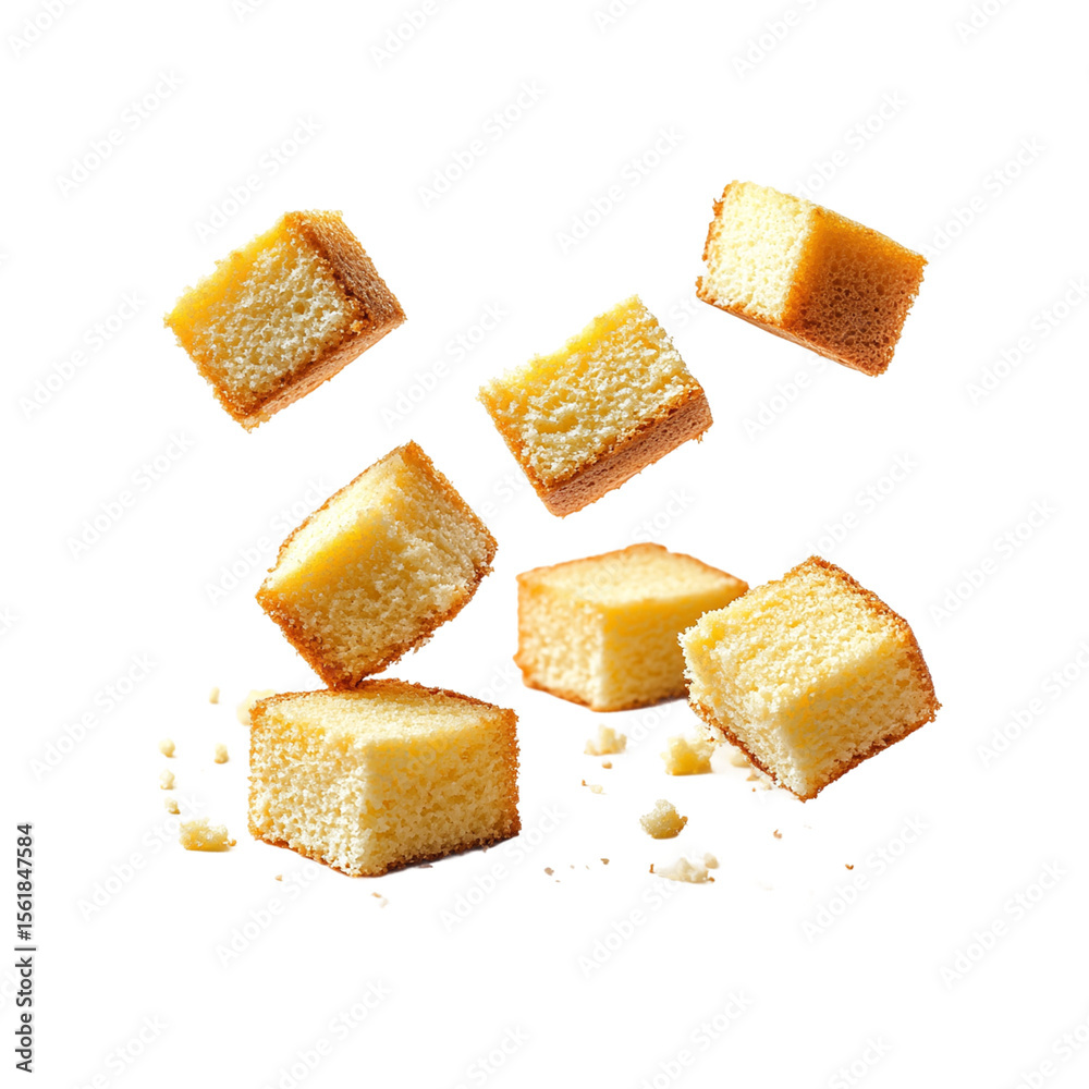 Irregularly cut slices of sponge cake with creamy filling, dynamically suspended in mid-air png Irregularly cut slices of sponge cake with creamy filling, dynamically suspended in mid-air png