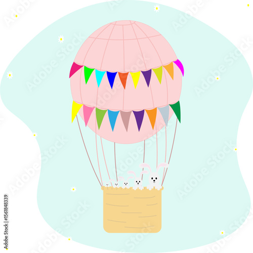 A greeting card with a cute family of rabbits on a hot air balloon.