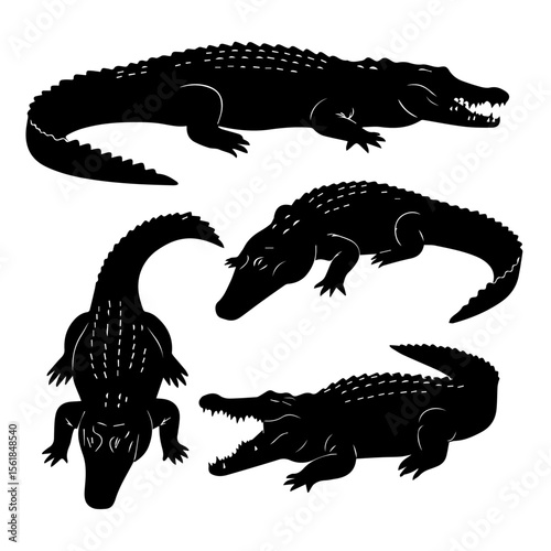 Crocodile or alligator silhouette set. Vector icons of a reptile predator for wildlife and zoo themes.
