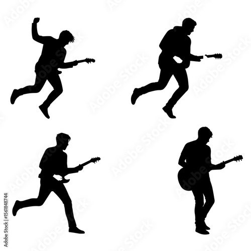 Rock guitarist silhouette set. Musician playing an electric guitar in various energetic poses.
