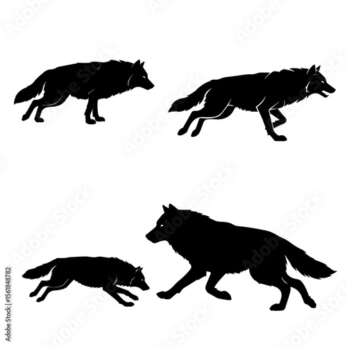 Wolf silhouette collection in various poses. Vector icons of a wild canine for nature, power, and wilderness themes.
