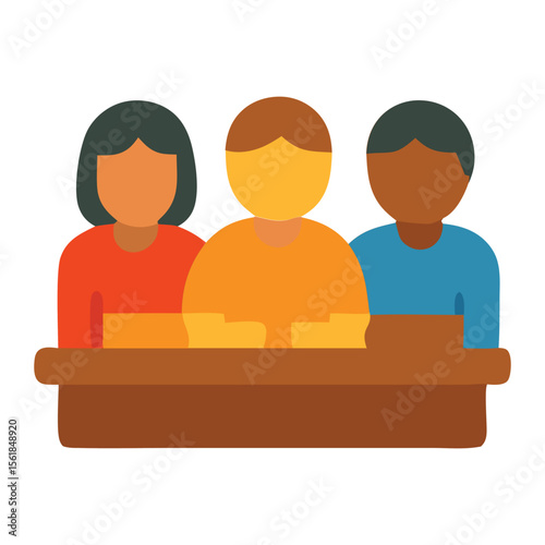 Group projects icon with diverse kids collaborating at a table. Suitable for educational materials, teamwork concepts, and childrens design projects