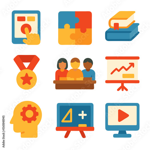 Learning activities icons pack depict colorful educational symbols. Suitable for websites, apps, presentations, and educational materials for all ages