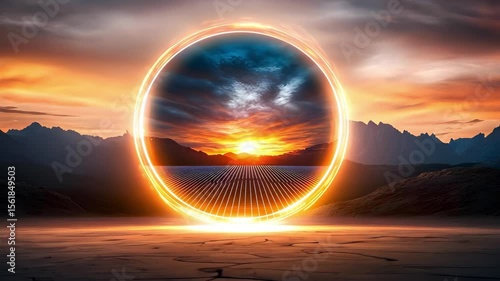 Wallpaper Mural A surreal landscape featuring a glowing circular portal with a sunset, mountains in the background, and a dramatic sky. Torontodigital.ca