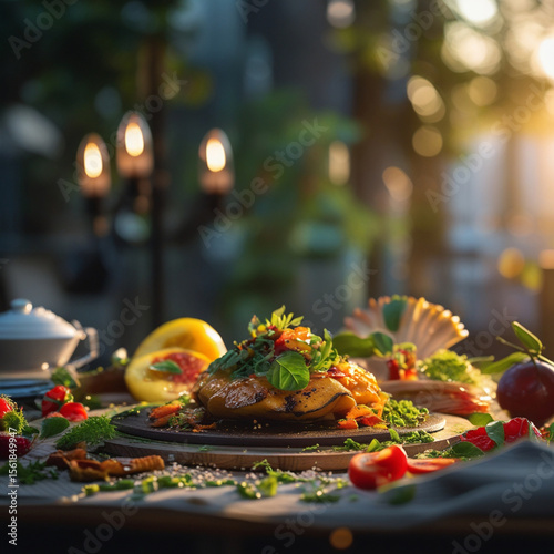 Gourmet Fine Dining Meal Served Outdoors with Fresh Ingredients in Warm Sunset Light