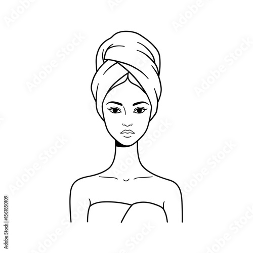 Young woman with towel on head and bare shoulders in minimalist style  
