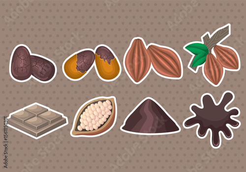 Collection of stylized cocoa bean icons in various colors and forms suitable for food and beverage branding and design elements