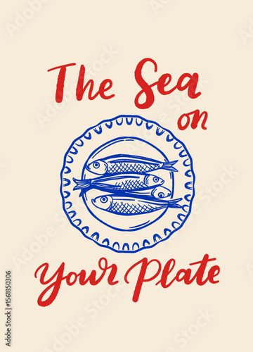 Hand drawn seafood poster in Mediterranean style featuring lobster, sardines, oysters, shrimps, and lemon. Vintage blue line art perfect for restaurant menus and gourmet branding.