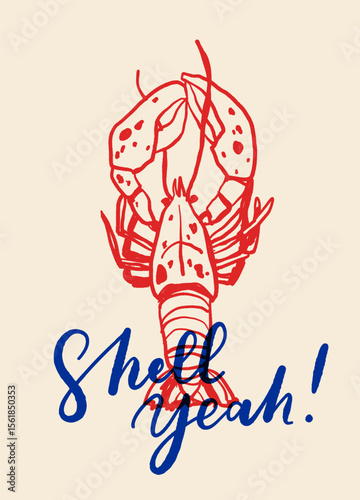 Hand drawn seafood poster in Mediterranean style featuring lobster, sardines, oysters, shrimps, and lemon. Vintage blue line art perfect for restaurant menus and gourmet branding.