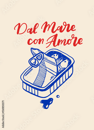 Hand drawn seafood poster in Mediterranean style featuring lobster, sardines, oysters, shrimps, and lemon. Vintage blue line art perfect for restaurant menus and gourmet branding.