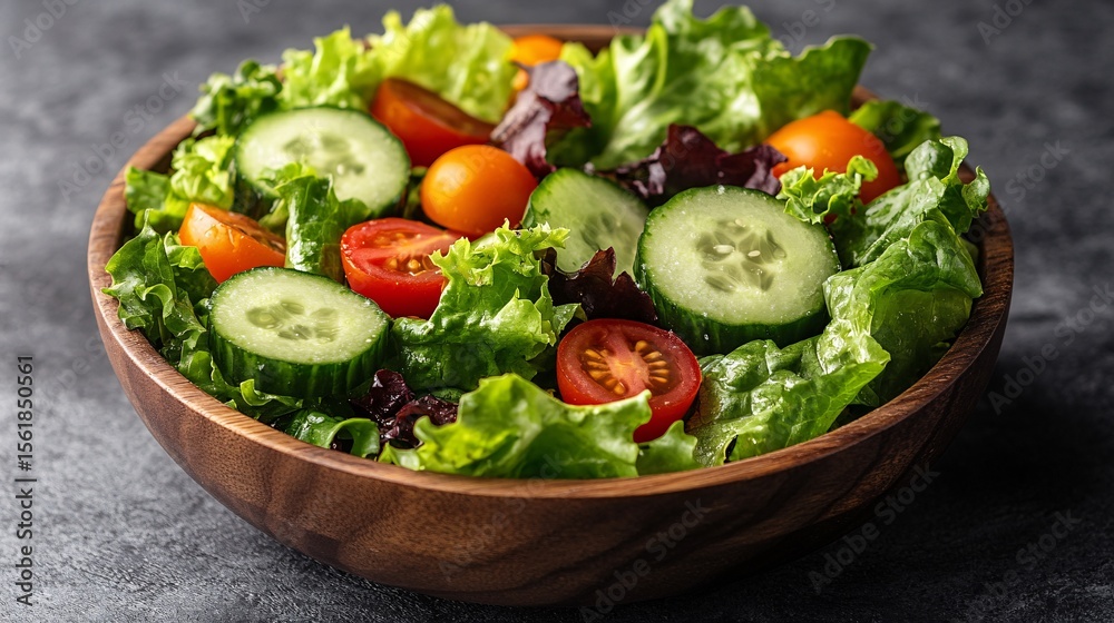 Fresh Green Salad with Cucumbers and Tomatoes in Wooden Bowl with a Dark Background and Close Up Shot Featuring Colorful Vegetables and Vibrant Colors. It is a Delicious, Healthy, and Refreshing