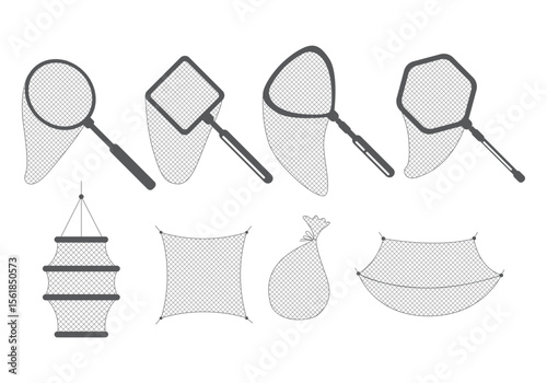 Collection of stylized fishing net icons in various colors suitable for maritime nautical or fishing related designs