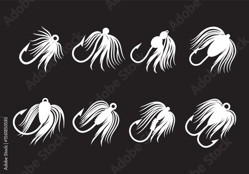 Collection of stylized fishing icons representing various equipment and activities for outdoor enthusiasts and anglers
