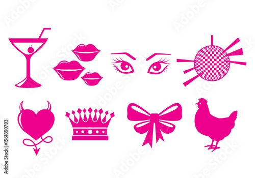 Collection of playful and celebratory icons perfect for a hen party or bachelorette celebration featuring various party elements
