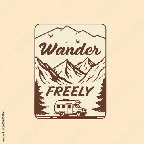 Vintage camper van parked in front of majestic mountains with pine trees and birds