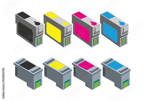 Collection of colorful and grayscale ink cartridge icons representing printing and office supplies
