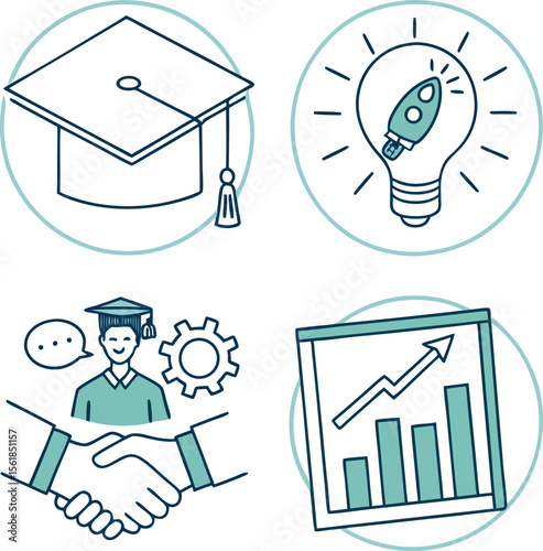 Four conceptual icons representing education graduation idea generation business partnership and financial growth with a clean modern line art style