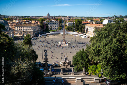 View of Piazza del Popolo with Santa Maria dei Miracoli in Rome, Italy