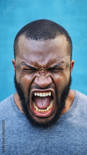 Intense emotional expression of raw frustration and anger captured in a powerful close-up portrait against a vibrant blue background, revealing powerful human vulnerability