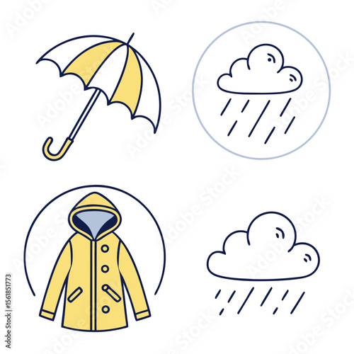 Collection of weather icons featuring an umbrella a raincoat and rain clouds with falling rain representing protection from precipitation and rainy day activities