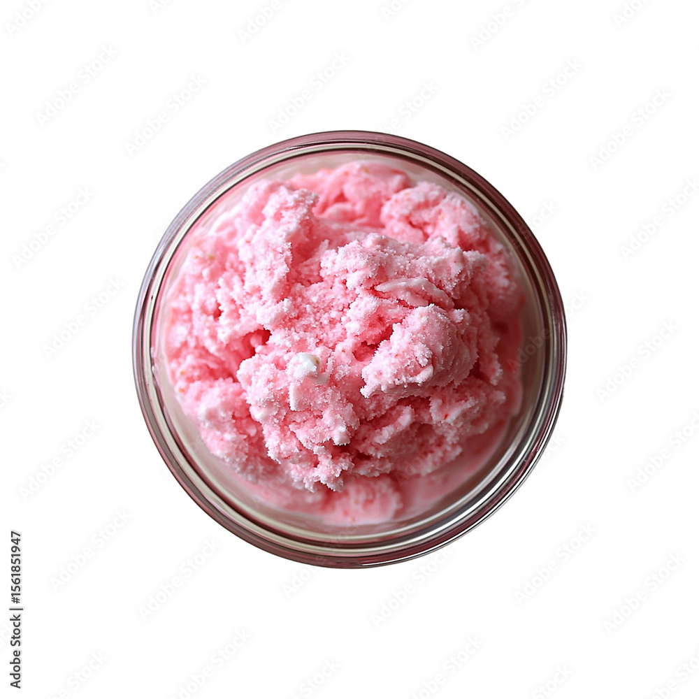 A top-down view of pink strawberry ice cream filling a clear glass png A top-down view of pink strawberry ice cream filling a clear glass png