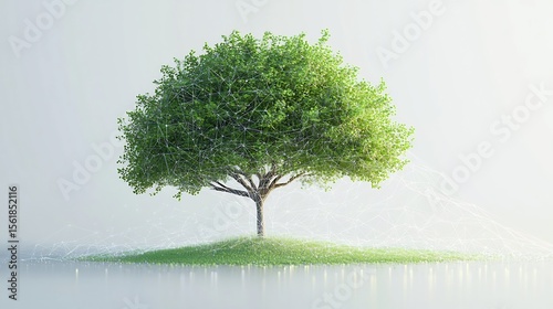 Solitary Tree in Green Meadow with Reflection in Tranquil Lake