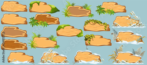 Cartoon game panels with swamp moss, forest lichen, liana branches, jungle leaves, ivy. Marsh reed under snow. Swamp cattails, fern winter. Broken weed and snowdrifts. Vector signboards, frames.