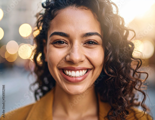 Fototapeta Naklejka Na Ścianę i Meble -  Young hispanic latin woman smiling at sunset 
