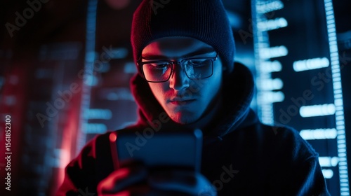 Mysterious Hooded Hacker Examining Smartphone in Dimly Lit Technological Environment